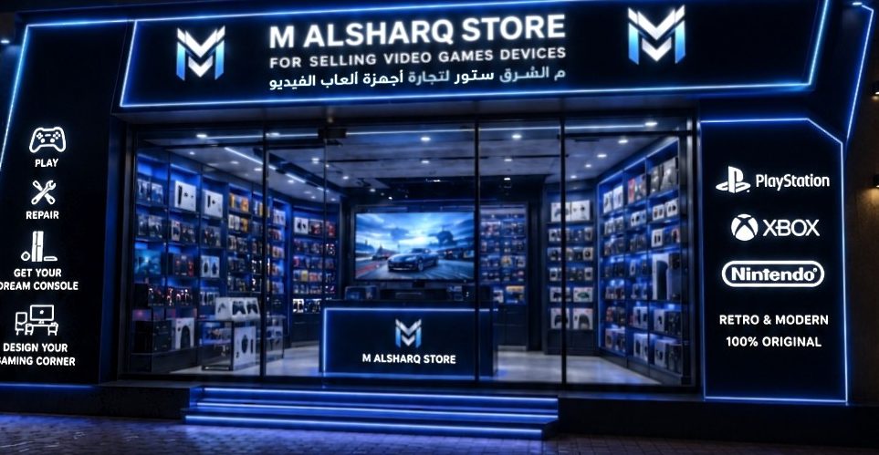 M Alsharq Store at night in Ajman, lit in blue